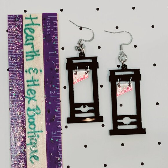 Black Guillotine Earrings Stainless Steel Hooks Gothic Punk Killer Boo Basket - Picture 5 of 8